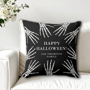 Skeleton Hands Family Name Happy Halloween Black Cushion
