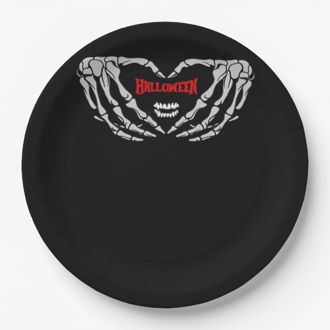 Skeleton Hands Folded In A Heart. Funny Halloween  Paper Plate (Front)