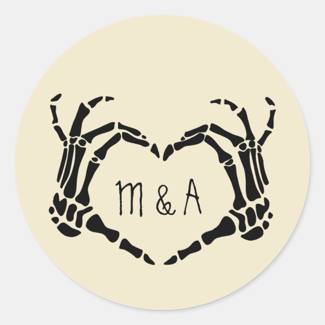 Skeleton Hands Heart Shape Custom Wedding Classic Round Sticker (Front)