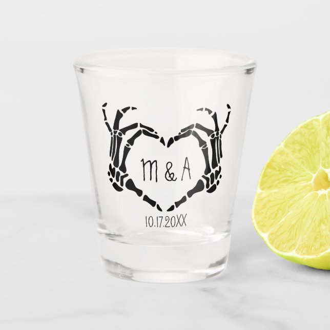 Skeleton Hands Heart Shape Custom Wedding Shot Glass (Front)