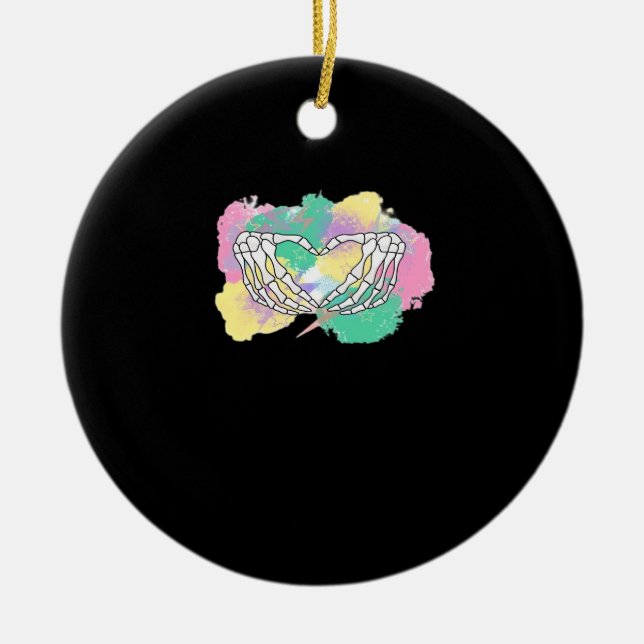 Skeleton Hands Heart With Abstract Coloured Backgr Ceramic Ornament (Front)