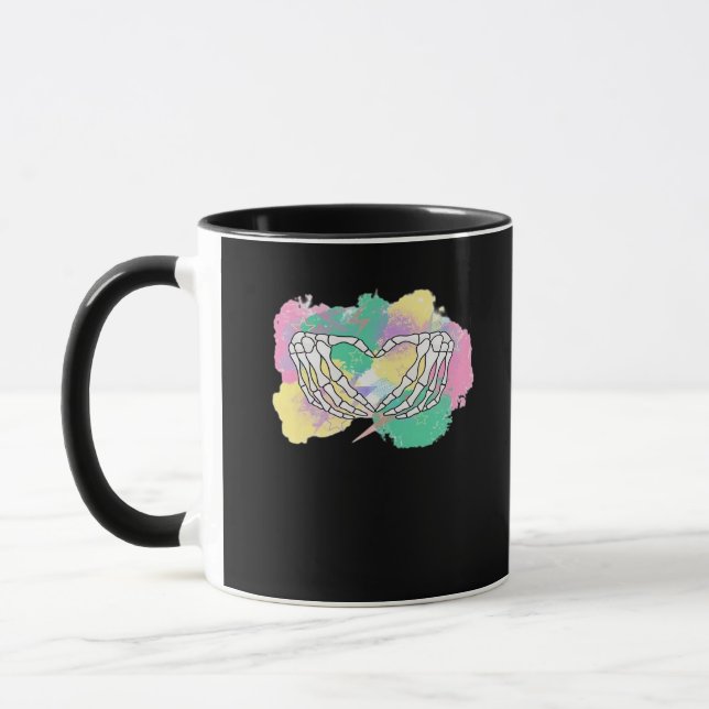 Skeleton Hands Heart With Abstract Coloured Backgr Mug (Left)