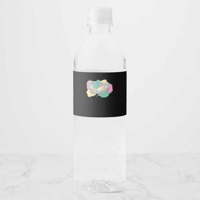 Skeleton Hands Heart With Abstract Coloured Backgr Water Bottle Label (Front)