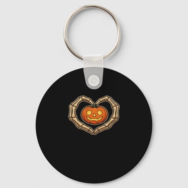 Skeleton Hands Heart With Pumpkin Cute Spooky Hall Key Ring (Front)