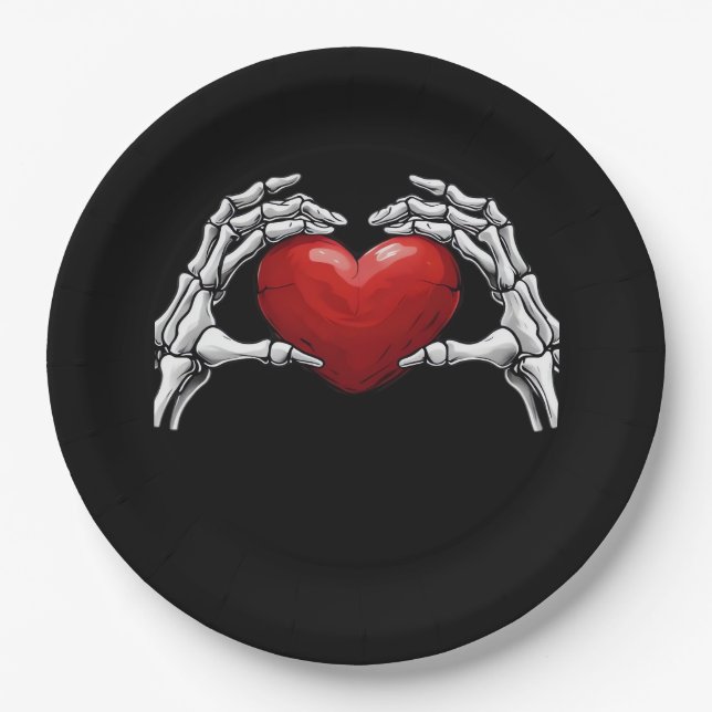 Skeleton Hands Holding A Red Heart Design Classic Paper Plate (Front)