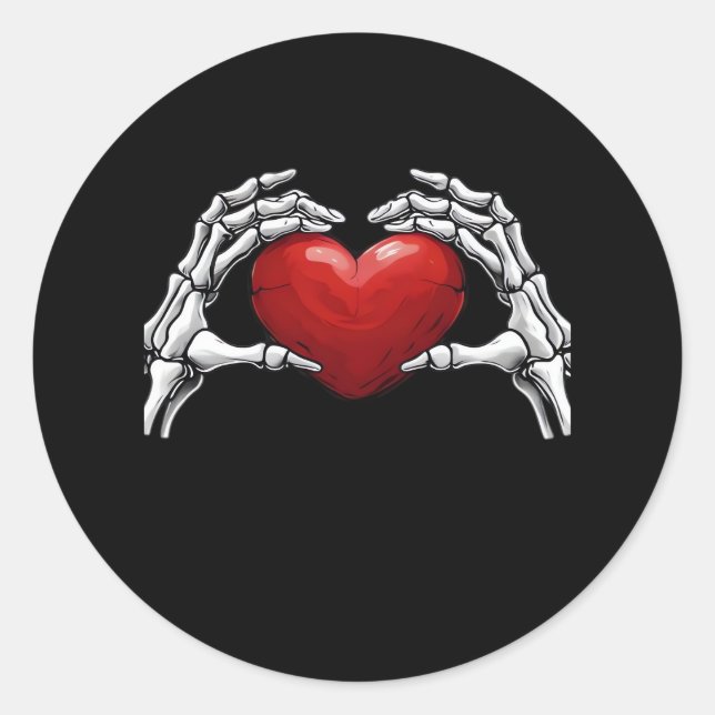 Skeleton Hands Holding A Red Heart Design Classic Round Sticker (Front)
