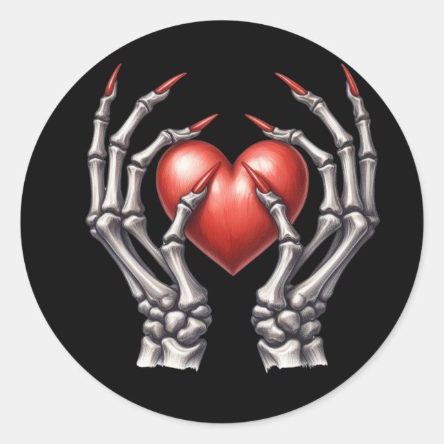 Skeleton Hands Holding Red Heart Classic Round Sticker (Front)