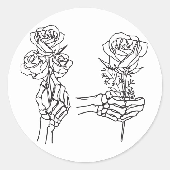 Skeleton Hands Holding Roses Classic Round Sticker (Front)