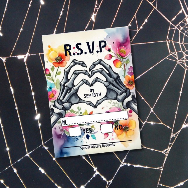 Skeleton Hands Love Heart Floral Gothic Wedding RSVP Card (Creator Uploaded)