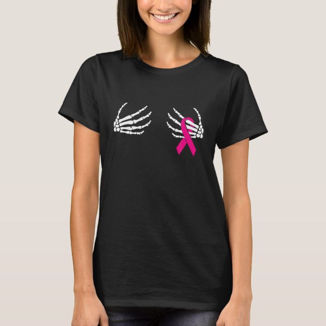 Skeleton Hands On Chest Breast Cancer Awareness T-Shirt (Front)