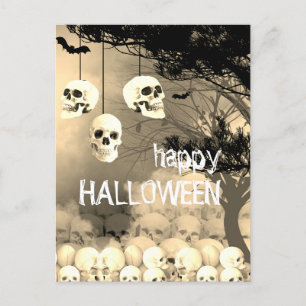 Skeleton Happy Halloween Cream Night With Skulls Holiday Postcard