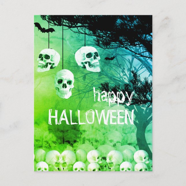 Skeleton Happy Halloween Green Night With Skulls Holiday Postcard (Front)