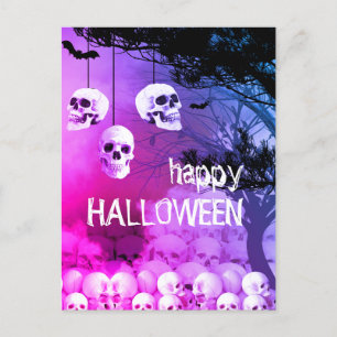 Skeleton Happy Halloween Purple Night With Skulls Holiday Postcard