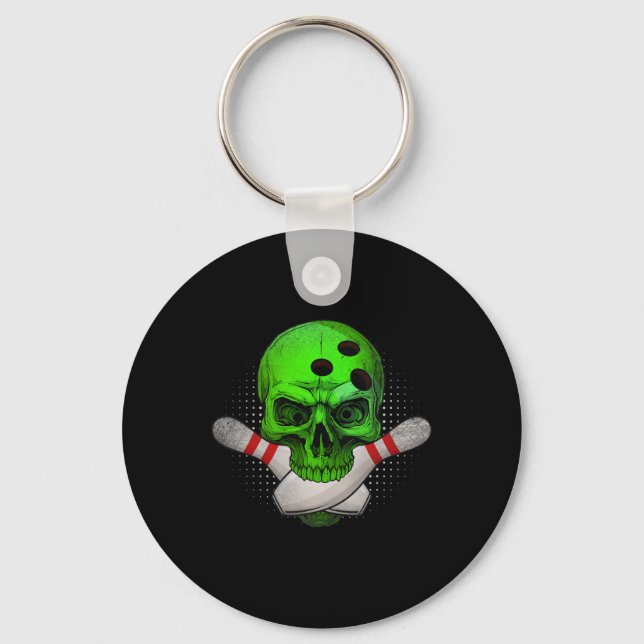 Skeleton Head Skull Bowling Ball And Pins Happy Ha Key Ring (Front)