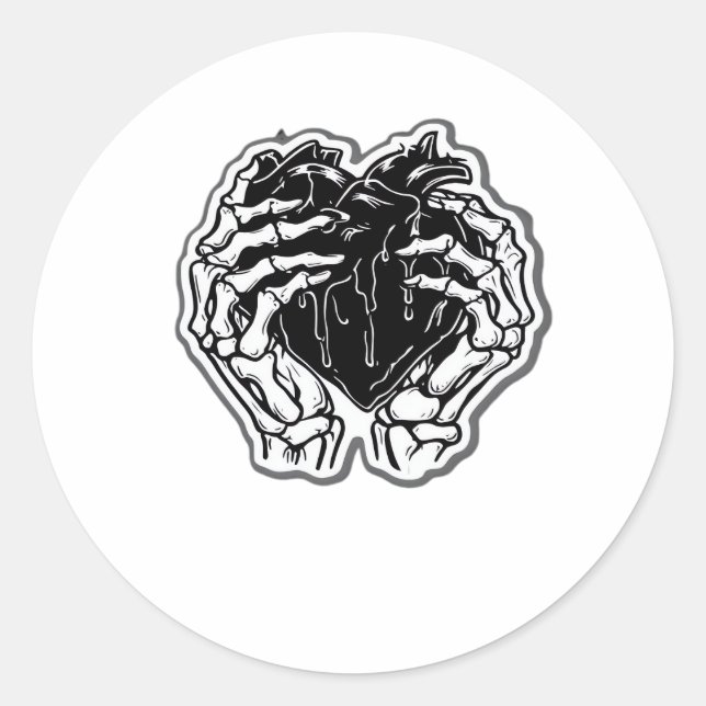Skeleton Heart Hands Funny Classic Round Sticker (Front)