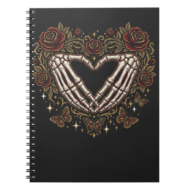 Skeleton Heart Hands Gothic Floral Rose Notebook (Front)