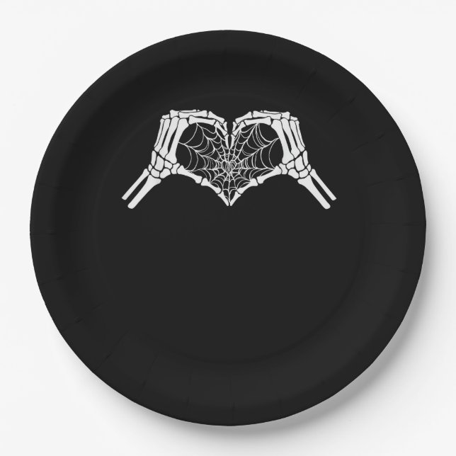 Skeleton Heart Hands Spiderweb Halloween Spooky Wo Paper Plate (Front)