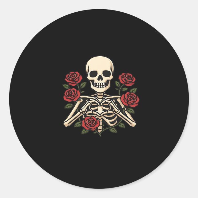 Skeleton Heart Hands With Red Roses – Romantic Got Classic Round Sticker (Front)