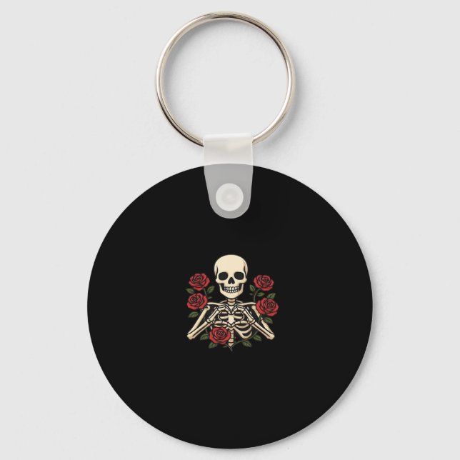 Skeleton Heart Hands With Red Roses – Romantic Got Key Ring (Front)
