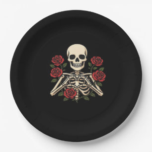 Skeleton Heart Hands With Red Roses – Romantic Got Paper Plate