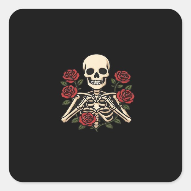 Skeleton Heart Hands With Red Roses – Romantic Got Square Sticker (Front)