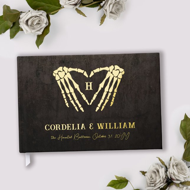 Skeleton Heart Monogram Goth Halloween Wedding Guest Book (Creator Uploaded)