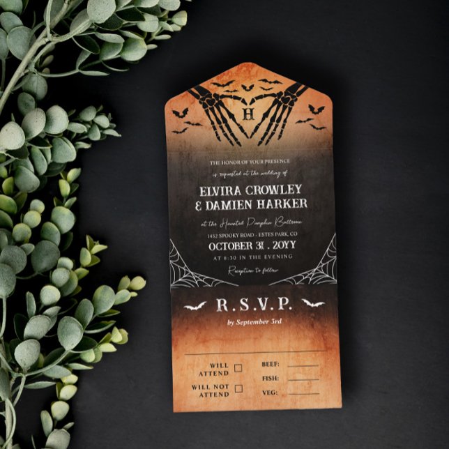 Skeleton Heart Monogram Halloween Goth Wedding All In One Invitation (Creator Uploaded)
