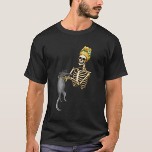 Skeleton Holding A Black Cat Lazy Halloween Costum T-Shirt
