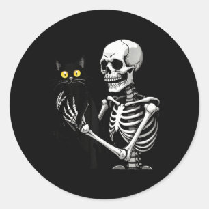 Skeleton Holding A Cat Cute Black Cat Halloween Co Classic Round Sticker