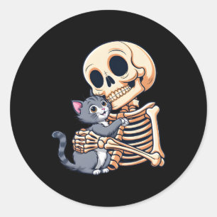 Skeleton Holding A Cat Cute Halloween Costume Skul Classic Round Sticker