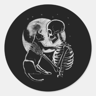 Skeleton Holding A Cat Funny Halloween Men Women G Classic Round Sticker