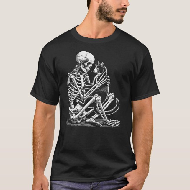 Skeleton Holding A Cat Funny Lazy Halloween Costum T-Shirt (Front)
