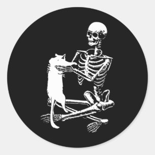 Skeleton Holding A Cat Lazy Halloween Costume Skul Classic Round Sticker