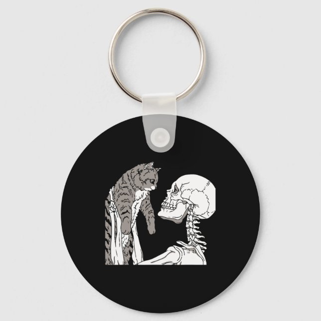 Skeleton Holding A Cat Lazy Halloween Costume Skul Key Ring (Front)