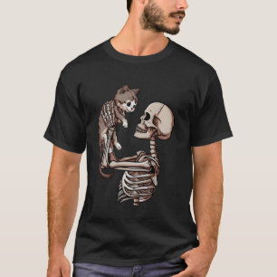 Skeleton Holding a Cat Lazy Halloween Costume Skul T-Shirt