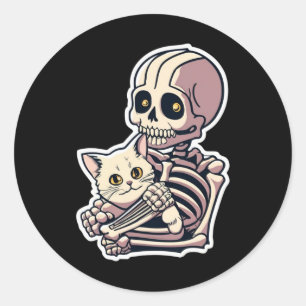 Skeleton Holding A Cat Shirt Lazy Halloween Costum Classic Round Sticker