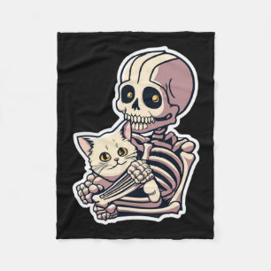 Skeleton Holding A Cat Shirt Lazy Halloween Costum Fleece Blanket