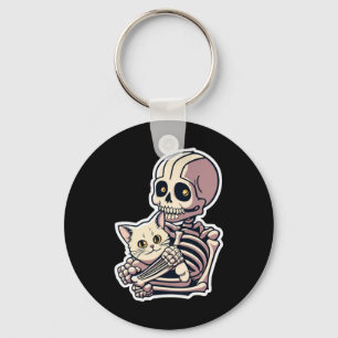 Skeleton Holding A Cat Shirt Lazy Halloween Costum Key Ring
