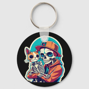 Skeleton Holding A Cat Shirt Lazy Halloween Costum Key Ring