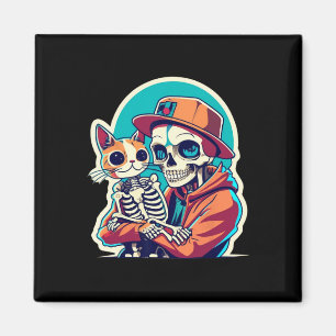 Skeleton Holding A Cat Shirt Lazy Halloween Costum Magnet