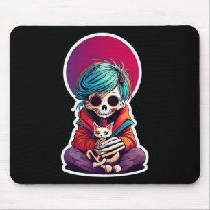Skeleton Holding A Cat Shirt Lazy Halloween Costum Mouse Pad