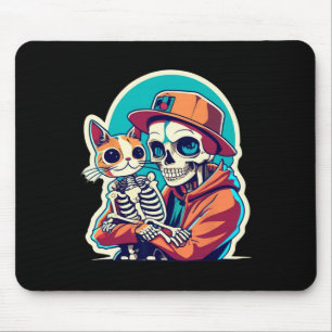 Skeleton Holding A Cat Shirt Lazy Halloween Costum Mouse Pad