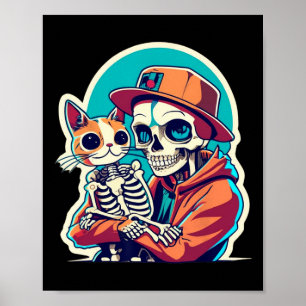 Skeleton Holding A Cat Shirt Lazy Halloween Costum Poster