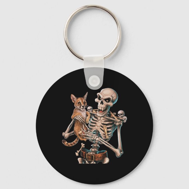 Skeleton Holding A Cat Skull Kitty Halloween Men W Key Ring (Front)