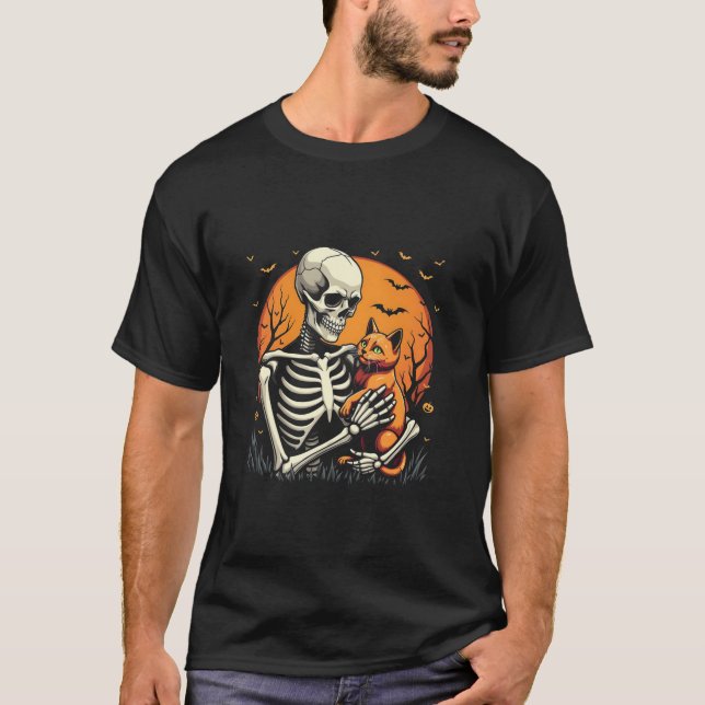 Skeleton Holding Cat Funny Halloween T Shirt (Front)