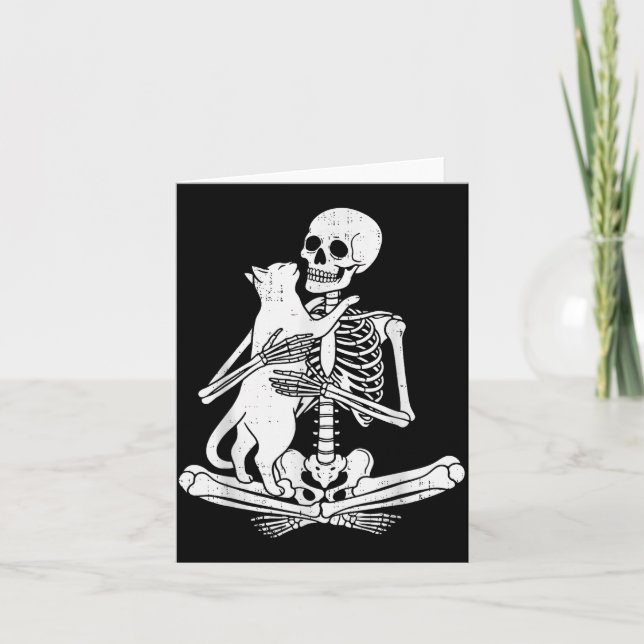 Skeleton Holding Cat Funny Soky Halloween Meow Kit Card (Front)