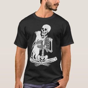 Skeleton Holding Cat Funny Soky Halloween Meow Kit T-Shirt