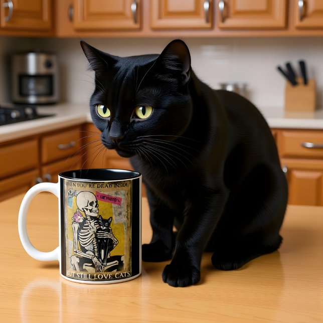Skeleton Holding Cat Poster Style Two-Tone Coffee Mug (Creator Uploaded)