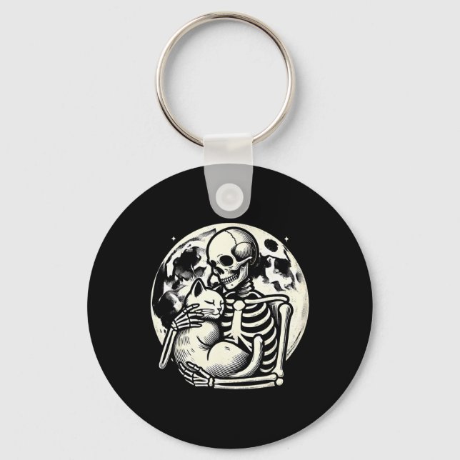 Skeleton Holding Cat Spooky Skull Halloween Gothic Key Ring (Front)