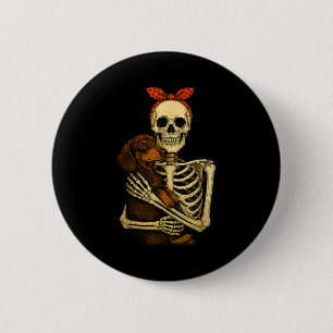 Skeleton Holding Dachshund Dog Funny Lazy Hallowee 6 Cm Round Badge